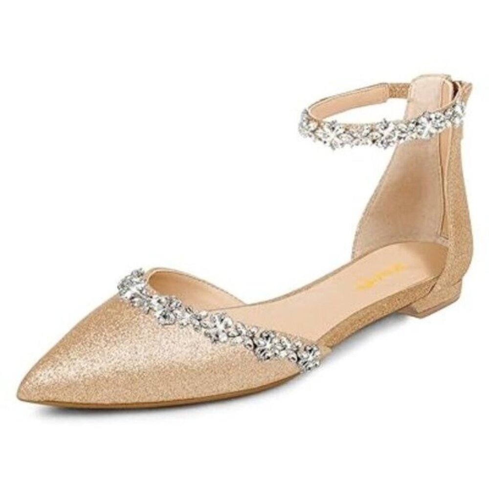 XYD Gold Women Classic Pointed Toe D'Orsay Wedding Sandals Sparkly Rhinestones